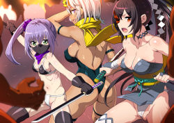 Rule 34 | 3girls, arm strap, ass, bare shoulders, black gloves, black hair, blurry, breasts, choker, collarbone, colored skin, copyright request, dark-skinned female, dark skin, depth of field, dual wielding, fingerless gloves, fundoshi, gloves, hair between eyes, highres, holding, holding sword, holding weapon, japanese clothes, kunoichi, large breasts, long hair, looking at viewer, looking back, mask, medium breasts, mouth mask, multiple girls, navel, ninja, obi, outstretched arms, ponytail, profile, purple eyes, purple hair, red eyes, red skin, ribs, sash, scarf, shin&#039;ya (shin&#039;yanchi), short hair, sideways mouth, silhouette, silver hair, small breasts, standing, surgical mask, sword, thigh strap, v-shaped eyebrows, very long hair, weapon, yellow scarf