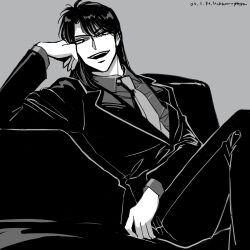 Rule 34 | 1boy, arm rest, artist name, blazer, collared shirt, commentary request, couch, dated, feet out of frame, formal, greyscale, highres, ichijou seiya, jacket, kaiji, leaning back, long hair, long sleeves, looking at viewer, male focus, medium bangs, monochrome, necktie, open mouth, pants, shirt, simple background, smile, solo, suit, teeth, unknown03162, upper teeth only