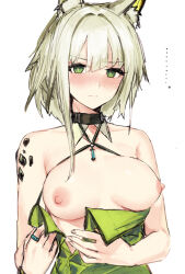 Rule 34 | ..., 1girl, animal ear fluff, animal ears, arknights, bare shoulders, black choker, blush, breasts, cat ears, cat girl, choker, closed mouth, dress, dressing, embarrassed, green dress, green eyes, kal&#039;tsit (arknights), looking at viewer, material growth, nipples, oripathy lesion (arknights), poppoco ya, simple background, single sidelock, solo, upper body, white background
