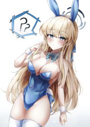 Rule 34 | 1girl, ?, ??, absurdres, animal ears, blonde hair, blue archive, blue eyes, blue leotard, breasts, cleavage, closed mouth, covered navel, fake animal ears, fake tail, gradient background, grey background, highres, leotard, long hair, looking at viewer, medium breasts, official alternate costume, playboy bunny, rabbit ears, rabbit tail, ryunbi, simple background, solo, tail, thighhighs, toki (blue archive), toki (bunny) (blue archive), white background, white thighhighs