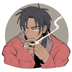 Rule 34 | 1boy, black eyes, black hair, black shirt, bomber jacket, cigarette, closed mouth, commentary request, expressionless, facial scar, fingernails, grey background, highres, holding, holding cigarette, inudori, itou kaiji, jacket, kaiji, long hair, looking afar, looking to the side, male focus, medium bangs, parted bangs, red jacket, scar, scar on cheek, scar on face, scar on hand, shirt, simple background, smoke, smoking, solo, two-tone background, upper body, white background