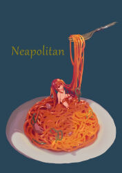 Rule 34 | 1girl, blue background, erandhl, food, fork, hair as food, mini person, minigirl, napolitan, nude, original, pasta, plate, simple background, solo, spaghetti