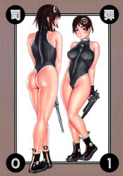 Rule 34 | 2girls, ankle boots, arms behind back, ass, back, bare shoulders, black eyes, black gloves, blush, boots, border, breasts, breasts apart, brown hair, clothes writing, covered erect nipples, covered navel, crossed legs, dated, desert eagle, extended barrel, fingerless gloves, from behind, full body, gloves, gun, hair ornament, halterneck, handgun, highleg, highleg leotard, highres, hip bones, holding, holding weapon, impossible clothes, impossible leotard, kneepits, large breasts, legs, leotard, lips, long legs, looking at viewer, looking back, multiple girls, non-web source, original, parted bangs, pistol, profile, satsuki (tsukasa jun), scan, semi-automatic firearm, simple background, skin tight, standing, thick thighs, thighs, thong, thong leotard, tsukasa jun, turtleneck, v arms, weapon, white background, wide hips, zipper