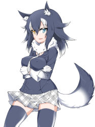 Rule 34 | 10s, 1girl, animal ears, black hair, blue eyes, blush, breasts, crossed arms, covered erect nipples, fur collar, gloves, grey wolf (kemono friends), heterochromia, highres, kemono friends, long hair, long sleeves, looking at viewer, multicolored hair, necktie, open mouth, rikuhito, simple background, skirt, solo, tail, thighhighs, two-tone hair, white background, wolf ears, wolf tail, yellow eyes, zettai ryouiki