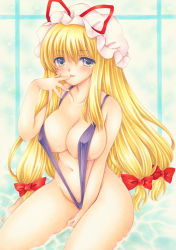Rule 34 | 1girl, alternate costume, blonde hair, blush, bow, breasts, finger to tongue, gradient eyes, hair bow, hat, hip focus, in water, large breasts, long hair, looking at viewer, marker (medium), mob cap, multicolored eyes, navel, satsuki (gogotaru), shiny skin, sitting, slingshot swimsuit, solo, swimsuit, thighs, tongue, tongue out, touhou, traditional media, very long hair, water, yakumo yukari, yellow eyes