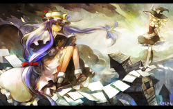 Rule 34 | 2girls, apron, blonde hair, blue eyes, book, bookmark, bow, breasts, cleavage, female focus, hair bow, hair ribbon, hat, kirisame marisa, ldld2, legs, letterboxed, long hair, looking at viewer, medium breasts, multiple girls, open book, paper, patchouli knowledge, purple hair, ribbon, sitting, socks, thighhighs, touhou, very long hair, white legwear, witch, witch hat, yellow eyes