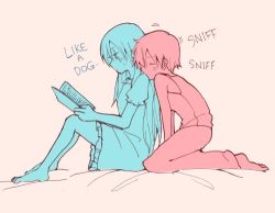 Rule 34 | 2girls, bed, bed sheet, blush, color connection, dress, english text, female focus, full body, limited palette, long hair, lowres, monochrome, multiple girls, multiple monochrome, nagasawa (tthnhk), pajamas, reading, ruby rose, rwby, scar, short hair, smelling, weiss schnee, yuri