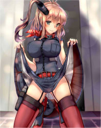 Rule 34 | 10s, 1girl, armadillo-tokage, bad id, bad pixiv id, belt, black dress, blue eyes, breast pocket, breasts, brown hair, buckle, clothes lift, dress, dress lift, drum magazine, funnel, garter straps, gluteal fold, high heels, highres, kantai collection, kneeling, large breasts, lifting own clothes, lips, long hair, looking at viewer, magazine (weapon), neckerchief, parted lips, pocket, ponytail, red belt, red neckerchief, red thighhighs, rudder footwear, saratoga (kancolle), saratoga mk ii (kancolle), short sleeves, side ponytail, skirt, skirt lift, smile, solo, striped clothes, striped dress, thighhighs, thighs