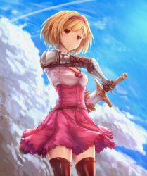 1girl black_thighhighs blonde_hair blue_sky breasts brown_eyes cleavage cloud cowboy_shot day djeeta_(granblue_fantasy) dress female_focus from_below gauntlets granblue_fantasy hairband holding holding_sword holding_weapon looking_at_viewer medium_breasts outdoors pink_dress red_hairband sakaokasan sheath short_dress short_hair sky smile solo standing sword thighhighs unsheathing weapon zettai_ryouiki