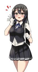 Rule 34 | black hair, black vest, blue ribbon, blush, breasts, dress shirt, folder, gloves, grey eyes, hair between eyes, hair ornament, hairclip, highres, holding, holding folder, kantai collection, long hair, looking at viewer, neck ribbon, open mouth, oyashio (kancolle), papers, pleated skirt, ribbon, shirt, short sleeves, simple background, skirt, small breasts, smile, vest, wasumi kei, white background, white gloves, white shirt
