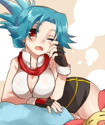 Rule 34 | 00s, 1girl, bent over, blue hair, breasts, cleavage, creatures (company), fingerless gloves, game freak, gen 3 pokemon, gloves, irouha, large breasts, looking at viewer, minun, nintendo, open clothes, open mouth, open shirt, plusle, pokemon, pokemon (creature), pokemon ranger, pokemon ranger 1, red eyes, shirt, sleepy, solana (pokemon), yawning, zipper