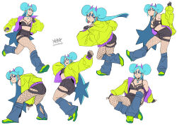 Rule 34 | 1girl, absurdres, blue hair, breasts, commentary, crop top, double bun, english commentary, fingerless gloves, fishnet pantyhose, fishnets, gloves, hair bun, highres, horns, jacket, jewelry, kneehighs, long hair, looking at viewer, loose socks, medium breasts, midriff, multiple views, necklace, off shoulder, original, pantyhose, purple horns, running, ryuusei (mark ii), shorts, shrimball (ryuusei (mark ii)), signature, sitting, socks, spiked gloves, standing, tongue, tongue out, tooth necklace, very long hair, white background, yellow jacket