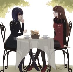 Rule 34 | 2girls, aozaki aoko, black footwear, black hair, black pantyhose, black skirt, black sweater, blue eyes, bread, brown hair, chair, closed mouth, commentary, cup, dress, food, highres, jewelry, kuonji alice, long hair, long sleeves, looking at another, mahou tsukai no yoru, multiple girls, necklace, open mouth, pantyhose, pearl necklace, profile, purple eyes, red dress, red footwear, shintyoi2, shoes, sitting, skirt, smile, sweater, table, teacup, turtleneck, turtleneck sweater
