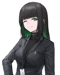 Rule 34 | 1girl, absurdres, allmind (armored core 6), armored core, armored core 6, black hair, black jacket, black shirt, black suit, breasts, cleavage, colored inner hair, earpiece, erorange, formal, green eyes, green hair, highres, jacket, lanyard, long hair, looking at viewer, medium breasts, multicolored hair, one eye closed, personification, shirt, solo, suit, white background