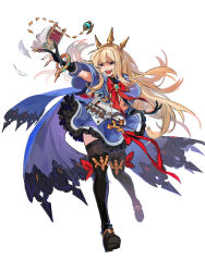 Rule 34 | 1girl, :d, belt, black gloves, black thighhighs, blonde hair, blue cape, blue capelet, blunt bangs, book, boots, bracelet, breasts, brown belt, cagliostro (granblue fantasy), cape, capelet, commentary, evil grin, evil smile, female focus, fighting stance, floating, floating book, floating hair, floating object, frilled gloves, frilled skirt, frills, full body, furrowed brow, gloves, granblue fantasy, grin, headband, highres, jewelry, long hair, official alternate costume, open mouth, partially fingerless gloves, potion, puffy short sleeves, puffy sleeves, purple eyes, red ribbon, ribbon, shirt, short sleeves, sidelocks, simple background, sketch, skirt, small breasts, smile, solo, spiked headband, thigh boots, thighhighs, tiara, wahoosandalphon, white shirt