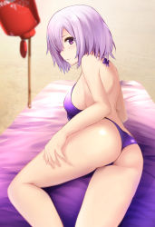 Rule 34 | 1girl, alternate costume, ass, bad id, bad pixiv id, bikini, contemporary, cowboy shot, fate (series), from behind, hair over one eye, halterneck, highres, lips, looking at viewer, mash kyrielight, purple bikini, purple eyes, purple hair, rods, short hair, solo, swimsuit, thighs, thong bikini