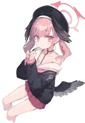 Rule 34 | 1girl, bbci, beret, black hat, black shirt, black wings, blue archive, blush, closed mouth, cropped legs, feet out of frame, flat chest, halo, hat, head wings, highres, koharu (blue archive), long hair, long sleeves, pink eyes, pink hair, pink halo, pink skirt, pleated skirt, sailor collar, sailor shirt, shirt, simple background, skirt, solo, twintails, white background, white sailor collar, wings
