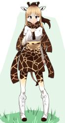 Rule 34 | 10s, 1girl, absurdres, animal ears, animal print, belt, blonde hair, blue eyes, boots, breast pocket, brown belt, brown hair, brown necktie, brown scarf, brown skirt, brown thighhighs, chestnut mouth, eyes visible through hair, full body, giraffe ears, giraffe horns, giraffe print, giraffe tail, grass, hand on own chest, high-waist skirt, highres, horns, kemono friends, layered sleeves, long hair, long sleeves, looking at viewer, multicolored clothes, multicolored hair, multicolored legwear, multicolored skirt, necktie, pocket, ponytail, print scarf, print skirt, print thighhighs, reticulated giraffe (kemono friends), scarf, short over long sleeves, short sleeves, skirt, solo, standing, tail, thighhighs, tokoname, very long hair, white background, white footwear, white hair, white thighhighs, yellow skirt, yellow thighhighs