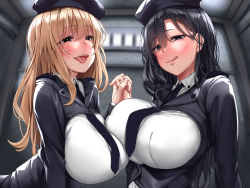 Rule 34 | asymmetrical docking, black hair, blonde hair, blush, breast press, breasts, brown eyes, hair over one eye, holding hands, jack dempa, large breasts, necktie, open mouth, original, smile, sweat, tongue, tongue out, underbust