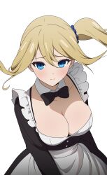 Rule 34 | 1girl, absurdres, alternate breast size, apron, black bow, black bowtie, black dress, blonde hair, blue eyes, blue scrunchie, bow, bowtie, breasts, cleavage, closed mouth, commentary, coro fae, detached collar, dress, floating hair, furrowed brow, hair between eyes, hair ornament, hair scrunchie, hayasaka ai, highres, kaguya-sama wa kokurasetai ~tensai-tachi no renai zunousen~, large breasts, light blush, long sleeves, looking at viewer, maid, paid reward available, scrunchie, side ponytail, simple background, skindentation, solo, split mouth, traditional bowtie, upper body, waist apron, white apron, white background