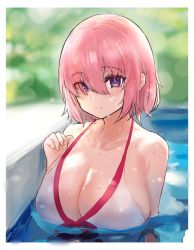Rule 34 | 1girl, absurdres, bare shoulders, breasts, cleavage, collarbone, dh-zone, fate/grand order, fate (series), hair over one eye, highres, large breasts, light purple hair, looking at viewer, mash kyrielight, mash kyrielight (swimsuit of perpetual summer), official alternate costume, one-piece swimsuit, pool, purple eyes, short hair, smile, solo, swimsuit, water, wet, white one-piece swimsuit