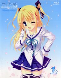 Rule 34 | 10s, 1girl, ;d, bad id, bad yandere id, black thighhighs, blonde hair, blu-ray cover, blue eyes, cherry blossoms, copyright name, cover, da capo, da capo iii, highres, long hair, morizono rikka, one eye closed, open mouth, school uniform, smile, solo, tanihara natsuki, thighhighs, twintails, two side up, wink