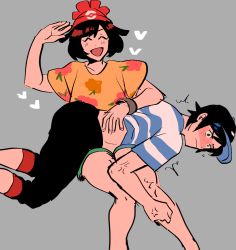 Rule 34 | 1boy, 1girl, bad id, bad twitter id, baseball cap, beanie, black hair, black hat, blush, capri pants, closed eyes, creatures (company), elio (pokemon), floral print, flying sweatdrops, game freak, green shorts, grey background, grey eyes, hair flaps, hat, heart, kendy (revolocities), lying on lap, nintendo, on lap, pants, pokemon, pokemon sm, red hat, selene (pokemon), shirt, shoes, short hair, shorts, simple background, spanking, striped clothes, striped shirt, swept bangs, t-shirt, tied shirt, veins, wide sleeves, wince, z-ring