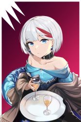 Rule 34 | 1girl, admiral graf spee (a novel anniversary) (azur lane), admiral graf spee (azur lane), alcohol, anizi, azur lane, bare shoulders, black choker, blue dress, blue eyes, choker, closed mouth, collarbone, cup, dress, drinking glass, earrings, evening gown, from above, head tilt, highres, jewelry, looking at viewer, multicolored hair, shawl, short hair, solo, streaked hair, swept bangs, tray, white hair, wine glass