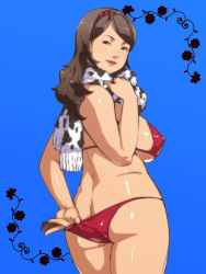 Rule 34 | 1girl, animal print, ass, bikini, blue background, breasts, brown eyes, brown hair, butt crack, covered erect nipples, cow print, cowboy shot, curvy, flower, from behind, from side, ganto, hairband, huge breasts, lips, long hair, looking at viewer, looking back, original, plump, red bikini, scarf, shiny skin, sideboob, simple background, smile, solo, swimsuit