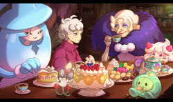 Rule 34 | 1boy, 1girl, ahoge, alcremie, alcremie (strawberry sweet), bede (pokemon), cake, closed mouth, coat, commentary request, creatures (company), cup, curly hair, dress, duosion, eye contact, eyeshadow, food, fruit, game freak, gen 5 pokemon, gen 7 pokemon, gen 8 pokemon, gym leader, hat, hatterene, holding, holding cup, indoors, looking at another, makeup, misica, morelull, nintendo, old, old woman, opal (pokemon), plate, pokemon, pokemon (creature), pokemon swsh, popped collar, purple coat, purple eyeshadow, purple scarf, scarf, short hair, sinistea, smile, strawberry, sweatdrop, table, white hair