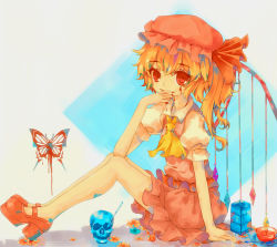 Rule 34 | 1girl, animal print, ascot, blonde hair, blood, blood on face, blood on hands, blue background, bow, bowl, butterfly print, collared shirt, dead line, flandre scarlet, flower, grey background, hat, hat bow, high heels, highres, knife, long legs, looking at viewer, looking to the side, mob cap, pink footwear, pink skirt, puffy short sleeves, puffy sleeves, pumps, red eyes, shirt, shoes, short sleeves, side ponytail, single wing, sitting, skirt, skull, smile, spoon, square, touhou, two-tone background, vest, wings