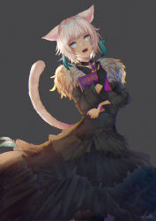 Rule 34 | 1girl, :d, animal ears, bad id, bad pixiv id, black dress, black gloves, blue eyes, blush, book, cat ears, cat girl, cat tail, commentary request, dress, facial mark, fangs, final fantasy, final fantasy xiv, fur-trimmed dress, fur trim, gloves, glowing, glowing eyes, grey background, head tilt, highres, long sleeves, looking at viewer, miqo&#039;te, hugging object, open mouth, partially fingerless gloves, saraki, signature, simple background, single glove, smile, solo, tail, tail raised, white hair, y&#039;shtola rhul