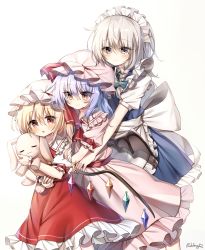 Rule 34 | 3girls, absurdres, apron, artist name, bat wings, blonde hair, blue dress, bow, braid, commentary request, crystal, dress, flandre scarlet, frilled shirt collar, frills, grey eyes, hair between eyes, hair bow, hat, hat ribbon, highres, holding, holding stuffed toy, izayoi sakuya, maid, maid apron, maid headdress, mob cap, multiple girls, petticoat, pink dress, pink headwear, pudding (skymint 028), puffy short sleeves, puffy sleeves, red ribbon, red sash, red skirt, remilia scarlet, ribbon, sash, short hair, short sleeves, siblings, signature, silver hair, sisters, skirt, skirt set, stuffed animal, stuffed rabbit, stuffed toy, touhou, waist apron, white apron, white background, white headwear, wings, wrist cuffs