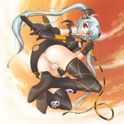 Rule 34 | 00s, 1girl, alice (queen&#039;s gate), aokihoshi, ass, black thighhighs, blue hair, boots, cameltoe, cloud, from below, head wings, long hair, long legs, looking down, panties, queen&#039;s blade, queen&#039;s gate, red eyes, sky, solo, thighhighs, twintails, underwear, whip, wings