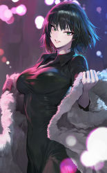 Rule 34 | 1girl, breasts, coat, collared dress, commentary request, covered navel, dress, fubuki (one-punch man), fur coat, green dress, green eyes, green hair, highres, holding, holding clothes, holding coat, large breasts, looking at viewer, modare, monochrome, one-punch man, short hair, smile, solo, standing, taut clothes, taut dress