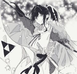 Rule 34 | 1boy, androgynous, black hair, bow, cape, curly sidelocks, flag, fur trim, hair between eyes, hair intakes, head tilt, highres, holding, holding flag, houjou tokiyuki (nige jouzu no wakagimi), japanese clothes, katana, kty mtmt, long hair, looking at viewer, male focus, mitsu uroko, monochrome, nige jouzu no wakagimi, ponytail, sash, scabbard, screentones, sheath, solo, sparkle, sword, vambraces, weapon