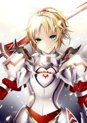 Rule 34 | 1girl, aqua eyes, armor, bad id, bad pixiv id, blonde hair, clarent (fate), fate/grand order, fate (series), hair ornament, hair scrunchie, looking at viewer, mordred (fate), mordred (fate/apocrypha), pauldrons, scrunchie, short hair, short ponytail, shoulder armor, solo, sword, umeno shii, weapon