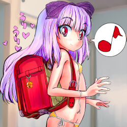 Rule 34 | 1girl, 3.1-tan, backpack, bag, bare arms, bare shoulders, bell, bikini, bow, breasts, closed mouth, commentary request, covered erect nipples, eighth note, fingernails, from side, hair bow, heart, highres, jingle bell, light purple hair, long hair, micro bikini, musical note, os-tan, purple bow, randoseru, red bag, red eyes, side-tie bikini bottom, small breasts, smile, solo, speech bubble, spoken musical note, standing, swimsuit, tsukiyono aroe, undone bikini, yellow bikini