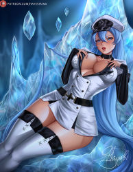 Rule 34 | 1girl, akame ga kill!, belt, blue eyes, blue hair, boots, breasts, choker, cleavage, detached sleeves, esdeath, female focus, hat, hayes irina, ice, large breasts, long hair, looking at viewer, matching hair/eyes, military, military uniform, parted lips, patreon logo, patreon username, signature, sitting, solo, thick thighs, thigh boots, thighhighs, thighs, uniform, very long hair, watermark, web address, zettai ryouiki
