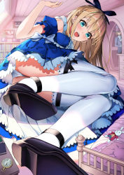 Rule 34 | 1girl, alice (alice in wonderland), alice in wonderland, apple (luffy123), bed, black footwear, blonde hair, blue dress, blue eyes, dress, giant, giantess, indoors, korean commentary, mad hatter (alice in wonderland), mary janes, open mouth, panties, pocket watch, revision, shoes, thighhighs, underwear, watch, white panties, white rabbit (alice in wonderland), white thighhighs