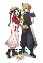 Rule 34 | 1boy, 1girl, absurdres, aerith gainsborough, armor, basket, black footwear, black pants, blonde hair, blush, boots, braid, braided ponytail, brown footwear, brown hair, buster sword, closed mouth, cloud, cloudy sky, commentary, copyright name, cropped jacket, dated, dress, english commentary, final fantasy, final fantasy vii, final fantasy vii rebirth, final fantasy vii remake, flower, forehead, full body, green eyes, hair ribbon, head wreath, highres, holding, holding basket, holding flower, jacket, lips, long hair, lukrevadraws, open mouth, pants, pauldrons, pink dress, pink lips, pink ribbon, red jacket, ribbon, shadow, short hair, short sleeves, shoulder armor, sidelocks, simple background, single pauldron, sky, spiked hair, sword, weapon, white background, white flower, yellow flower