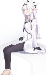 Rule 34 | 1boy, 1girl, absurdres, barefoot, black pantyhose, blue archive, halo, highres, himari (blue archive), jacket, long hair, pantyhose, pointy ears, riya (01214), simple background, sitting, twitter, white background, white hair, white jacket
