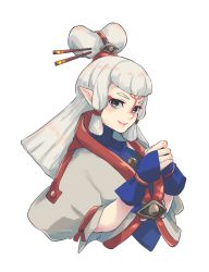Rule 34 | 1girl, black eyes, blueeyes cat, facial mark, fingerless gloves, forehead mark, forehead tattoo, gloves, grey hair, hair ornament, hair stick, half updo, highres, long hair, looking at viewer, nintendo, parted lips, paya (zelda), pointy ears, sheikah, sidelocks, simple background, solo, the legend of zelda, the legend of zelda: breath of the wild, updo, upper body, white background