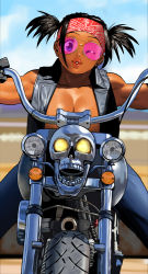 Rule 34 | 1girl, arung samudra (cessa), bandana, blue eyes, blue sky, breasts, cessa, cleavage, cloud, cloudy sky, dark-skinned female, dark skin, large breasts, looking at viewer, motor vehicle, motorcycle, ombok diving and delivery services, one eye closed, outdoors, parted lips, pink-tinted eyewear, red bandana, short twintails, skull, sky, solo, tinted eyewear, twintails, vest