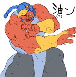 Rule 34 | 1boy, bare shoulders, baseball cap, blue hair, bridal gauntlets, capcom, colored skin, cosplay, facial hair, hakan, hat, male focus, muscular, mustache, no pupils, oetaro, oil, red skin, short hair, solo, street fighter, street fighter iv (series), yun lee, yun lee (cosplay)