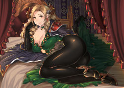 Rule 34 | 11 gatsu, absurdres, ass, bed, black gloves, black pantyhose, blonde hair, breasts, choker, cleavage, cloak, closed mouth, clothes lift, curvy, dress, dress lift, drill hair, ear piercing, elbow gloves, flower, frilled dress, frills, full body, gloves, gold trim, granblue fantasy, green choker, green dress, high heels, highres, horns, huge ass, jewelry, large breasts, legs, long dress, long hair, lying, maria theresa (granblue fantasy), on bed, on side, pantyhose, parted bangs, pendant, piercing, pointy ears, smile, thick thighs, thighs