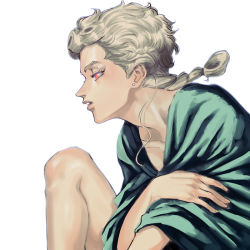 Rule 34 | 1boy, androgynous, blonde hair, braid, earrings, from side, giorno giovanna, jewelry, jojo no kimyou na bouken, male focus, parted lips, profile, red eyes, simple background, solo, white background, zakki