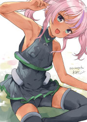 Rule 34 | 1girl, armpits, artist name, black footwear, black skirt, black vest, boots, comandante cappellini (kancolle), covered navel, green eyes, highres, kantai collection, long hair, mizuta kenji, multicolored hair, one-hour drawing challenge, pink hair, pleated skirt, purple hair, sidelocks, signature, skirt, solo, thigh boots, twintails, twitter username, two-tone hair, vest