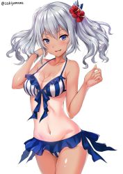 Rule 34 | 10s, 1girl, :d, adapted costume, artist name, bare shoulders, bikini, bikini skirt, blue eyes, breasts, cleavage, collarbone, cowboy shot, eyebrows, flower, hair flower, hair ornament, hands up, hibiscus, kantai collection, kashima (kancolle), lawson, legs together, medium breasts, navel, one-piece tan, open mouth, sakiyamama, silver hair, smile, solo, standing, stomach, striped bikini, striped clothes, swimsuit, tan, tanline, twintails, vertical-striped bikini, vertical-striped clothes, wavy hair