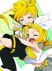 Rule 34 | 1boy, 1girl, arms around waist, bare shoulders, belt, black collar, black shorts, black sleeves, blonde hair, blue eyes, bow, brother and sister, closed eyes, collar, commentary, crop top, detached sleeves, fang, grin, hair bow, hair ornament, hairclip, headphones, headset, kagamine len, kagamine rin, leg warmers, looking at viewer, neckerchief, necktie, one eye closed, sailor collar, satou asuka, school uniform, shirt, short hair, short ponytail, short sleeves, shorts, shoulder tattoo, siblings, sketch, skin fang, smile, spiked hair, swept bangs, tattoo, twins, v, vocaloid, white bow, white shirt, yellow neckerchief